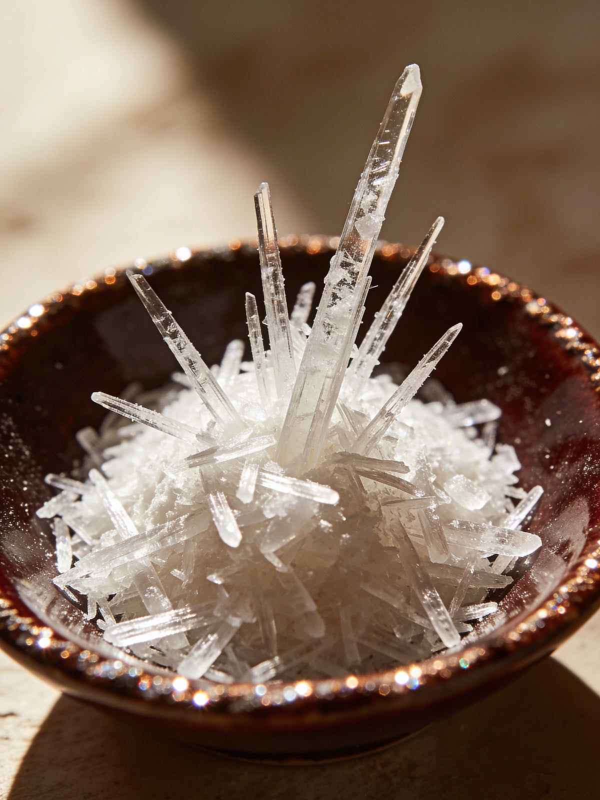 Fine caffeine crystals on an umber dish