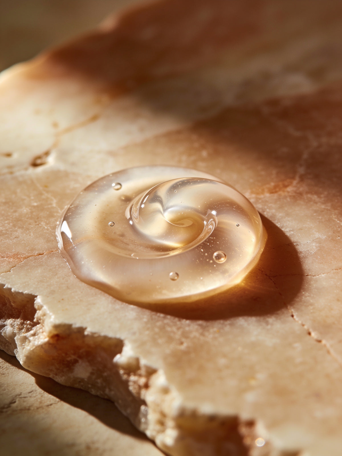 A swirl of clear serum gel on travertine