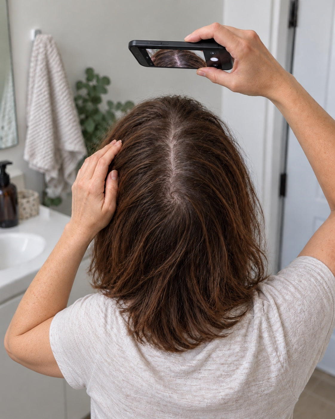 A woman takes a photo of her part with her phone